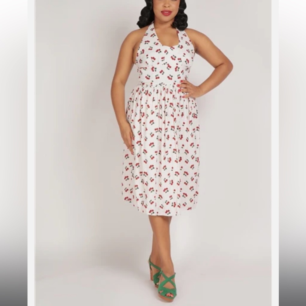 Collectif Honey Cherry Broderie Halter Dress